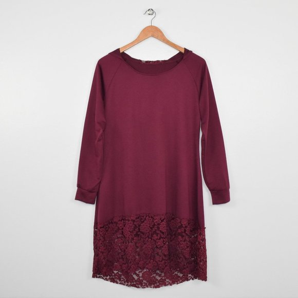 Womens Whimsigoth Hooded Lace Hem Long Sleeve Tunic Top Size M Burgundy Coquette - Picture 8 of 13